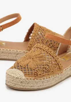 Brązowe Ażurowe Sandały Espadryle Ozdobione Plecionką Ralarelle
