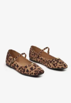 Brązowe Balerinki na Płaskiej Podeszwie z Paskiem i Metaliczną Aplikacją 3D Fenaria