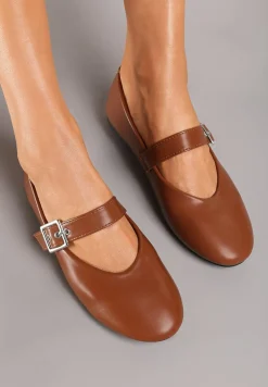 Brązowe Balerinki na Płaskiej Podeszwie Mary Jane Ozdobione Paskiem ze Sprzączką Fareloma
