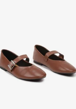 Brązowe Balerinki na Płaskiej Podeszwie Mary Jane Ozdobione Paskiem ze Sprzączką Fareloma