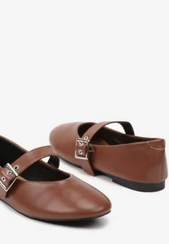 Brązowe Balerinki na Płaskiej Podeszwie Mary Jane Ozdobione Paskiem ze Sprzączką Fareloma