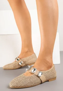 Brązowe Balerinki z Elastycznym Paskiem z Biżuteryjnym Zdobieniem Tuledis
