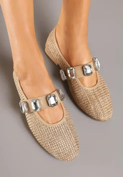 Brązowe Balerinki z Elastycznym Paskiem z Biżuteryjnym Zdobieniem Tuledis