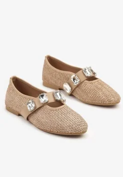 Brązowe Balerinki z Elastycznym Paskiem z Biżuteryjnym Zdobieniem Tuledis