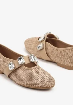 Brązowe Balerinki z Elastycznym Paskiem z Biżuteryjnym Zdobieniem Tuledis
