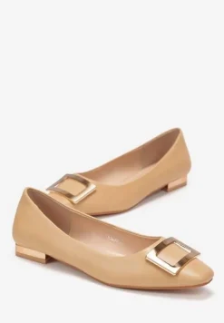 Brązowe Balerinki z Metalową Ozdobą na Płaskim Obcasie Nibraca