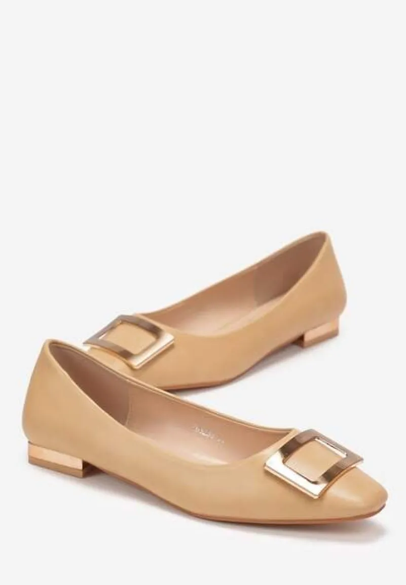 Brązowe Balerinki z Metalową Ozdobą na Płaskim Obcasie Nibraca