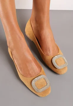 Brązowe Balerinki z Metalową Wstawką na Przodzie Ozdobioną Cyrkoniami Alicutte