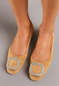 Brązowe Balerinki z Metalową Wstawką na Przodzie Ozdobioną Cyrkoniami Alicutte