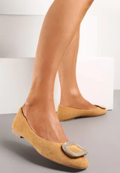 Brązowe Balerinki z Metalową Wstawką na Przodzie Ozdobioną Cyrkoniami Alicutte