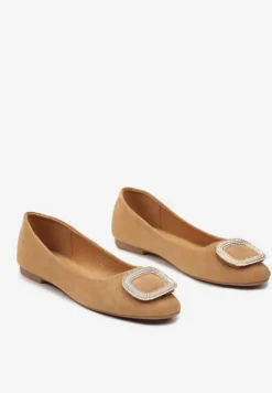Brązowe Balerinki z Metalową Wstawką na Przodzie Ozdobioną Cyrkoniami Alicutte