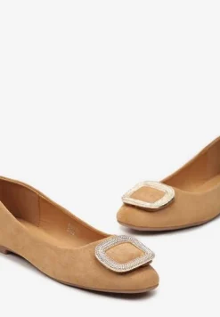 Brązowe Balerinki z Metalową Wstawką na Przodzie Ozdobioną Cyrkoniami Alicutte