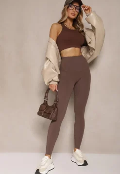 Brązowe Basicowe Legginsy High Waist Tofelia