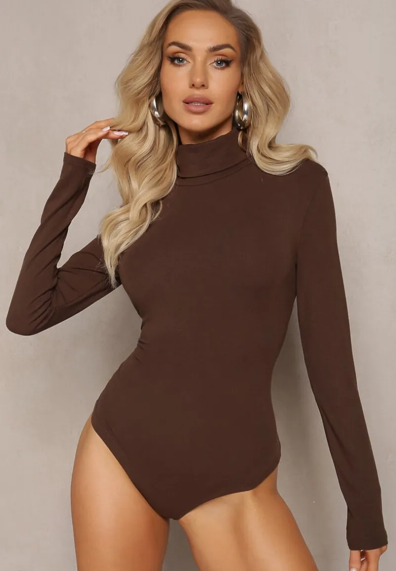 Brązowe Bawełniane Body z Golfem Ohpia