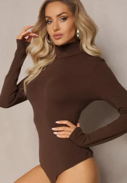 Brązowe Bawełniane Body z Golfem Ohpia