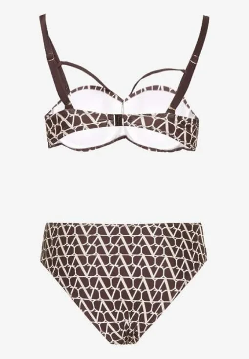 Brązowe Bikini Biustonosz i Majtki Typu Figi w Geometryczny Wzór Linarissa