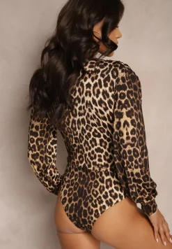 Brązowe Body w Panterkę z Ozdobnym Marszczeniem i Dekoltem w Kształcie Litery V Doriary