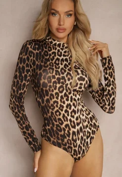 Brązowe Body z Golfem z Prążkowanej Dzianiny Naorinia