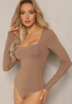 Brązowe Body z Kwadratowym Dekoltem i Długim Rękawem Gazzla