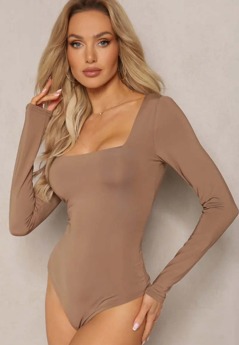 Brązowe Body z Kwadratowym Dekoltem i Długim Rękawem Gazzla