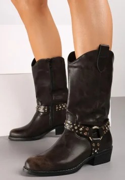 Brązowe Botki Bikery na Płaskiej Podeszwie w Stylu Kowbojek Arsila