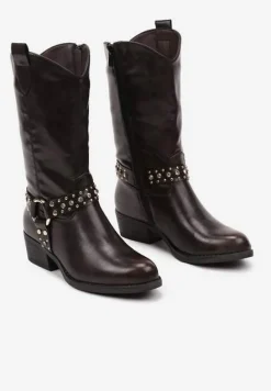 Brązowe Botki Bikery na Płaskiej Podeszwie w Stylu Kowbojek Arsila