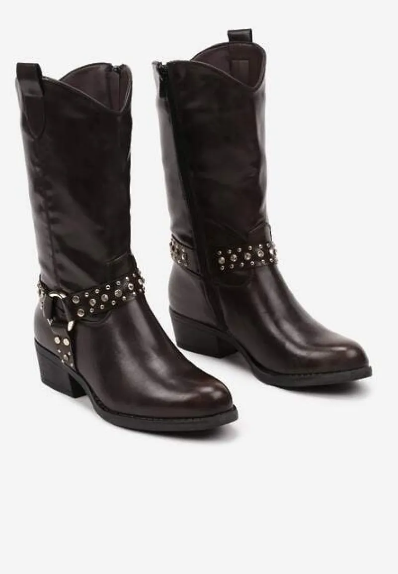 Brązowe Botki Bikery na Płaskiej Podeszwie w Stylu Kowbojek Arsila