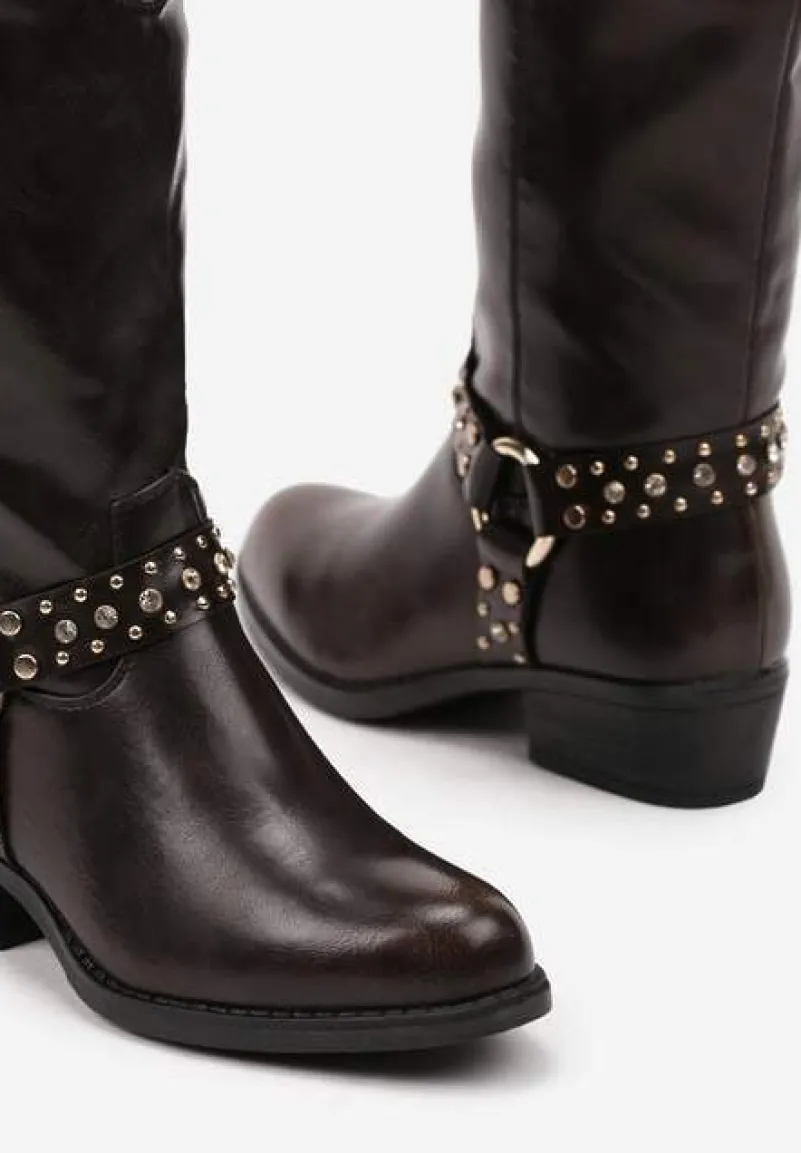 Brązowe Botki Bikery na Płaskiej Podeszwie w Stylu Kowbojek Arsila