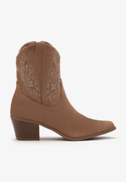 Brązowe Botki Kowbojki na Ściętym Obcasie z Haftowanym Zdobieniem Florienna