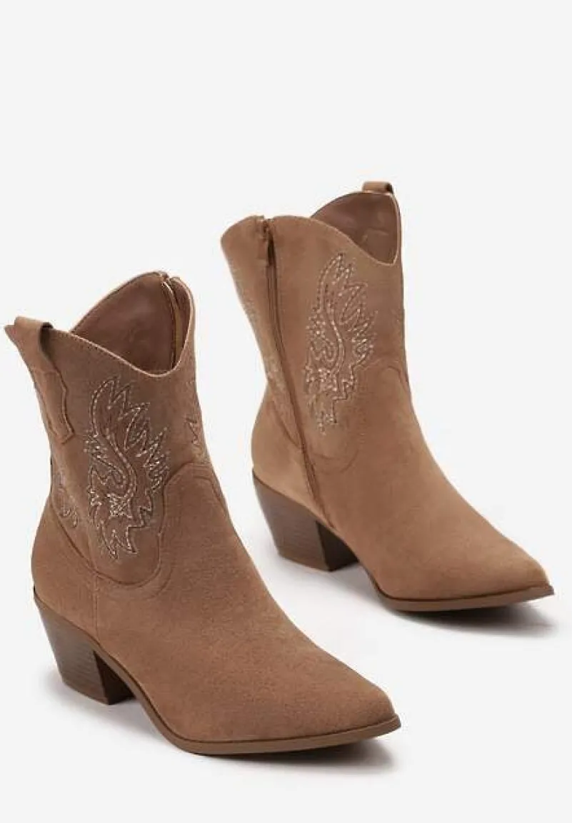 Brązowe Botki Kowbojki na Ściętym Obcasie z Haftowanym Zdobieniem Florienna