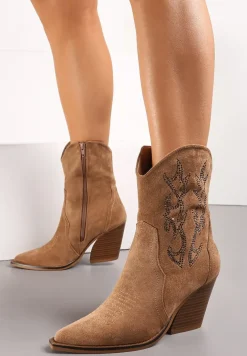 Brązowe Botki Kowbojki na Stożkowym Obcasie z Ozdobnym Haftem i Cyrkoniami Talesse