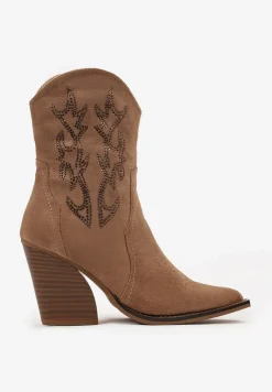 Brązowe Botki Kowbojki na Stożkowym Obcasie z Ozdobnym Haftem i Cyrkoniami Talesse