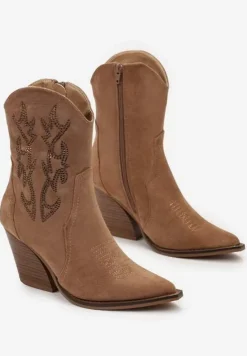 Brązowe Botki Kowbojki na Stożkowym Obcasie z Ozdobnym Haftem i Cyrkoniami Talesse