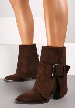 Brązowe Botki Kowbojki na Słupku Ozdobione Wywiniętą Cholewką Ansinae