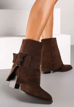 Brązowe Botki Kowbojki na Słupku Ozdobione Wywiniętą Cholewką Ansinae