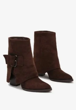 Brązowe Botki Kowbojki na Słupku Ozdobione Wywiniętą Cholewką Ansinae