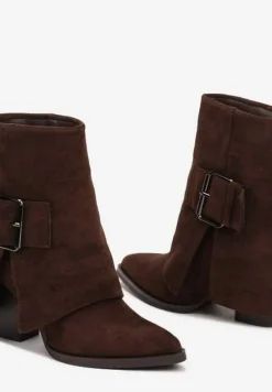 Brązowe Botki Kowbojki na Słupku Ozdobione Wywiniętą Cholewką Ansinae