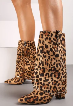 Brązowe Botki Kowbojki na Słupku w Panterkę z Nitami na Podwiniętej Cholewce Vaimi