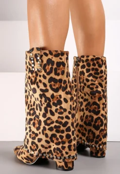 Brązowe Botki Kowbojki na Słupku w Panterkę z Nitami na Podwiniętej Cholewce Vaimi