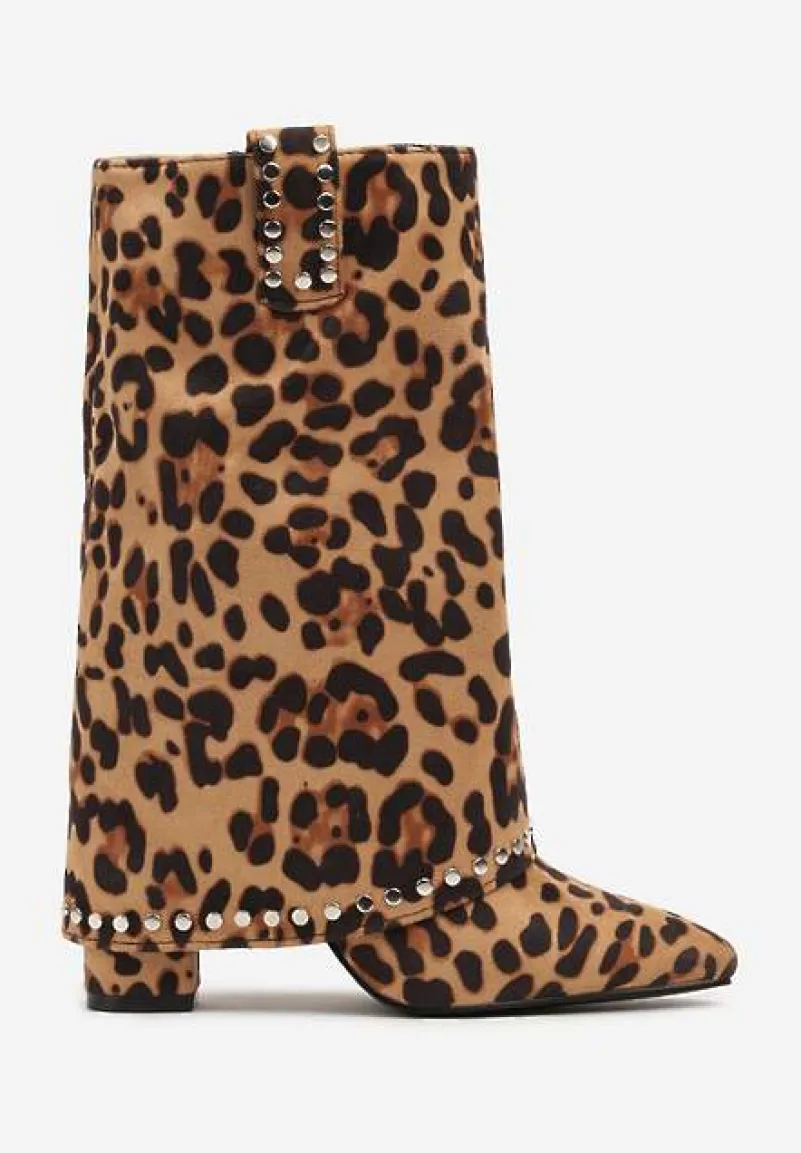 Brązowe Botki Kowbojki na Słupku w Panterkę z Nitami na Podwiniętej Cholewce Vaimi