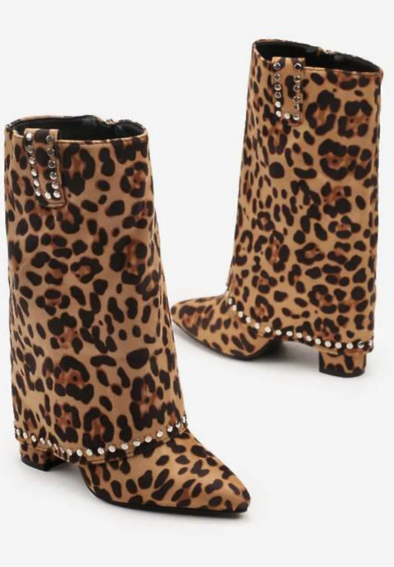 Brązowe Botki Kowbojki na Słupku w Panterkę z Nitami na Podwiniętej Cholewce Vaimi