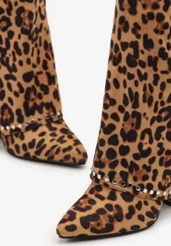 Brązowe Botki Kowbojki na Słupku w Panterkę z Nitami na Podwiniętej Cholewce Vaimi