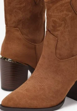 Brązowe Botki Kowbojki na Słupku z Przeszyciami Lindatora