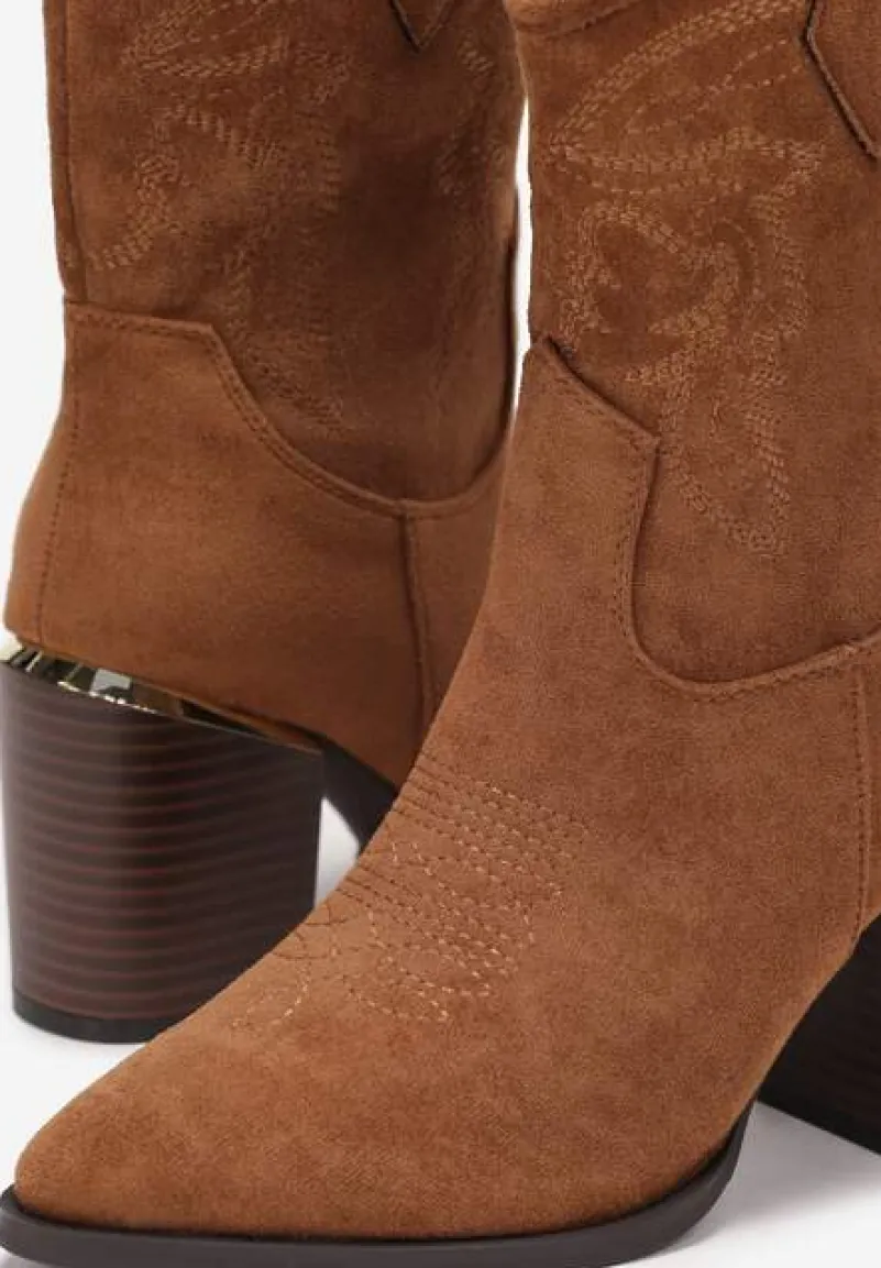 Brązowe Botki Kowbojki na Słupku z Przeszyciami Lindatora