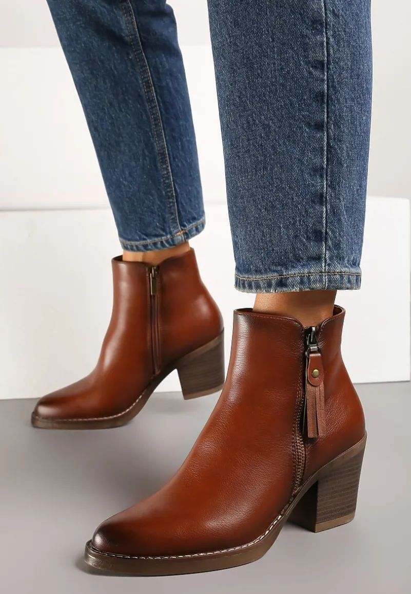 Brązowe Botki Kowbojki na Słupku z Ozdobnym Suwakiem Besila