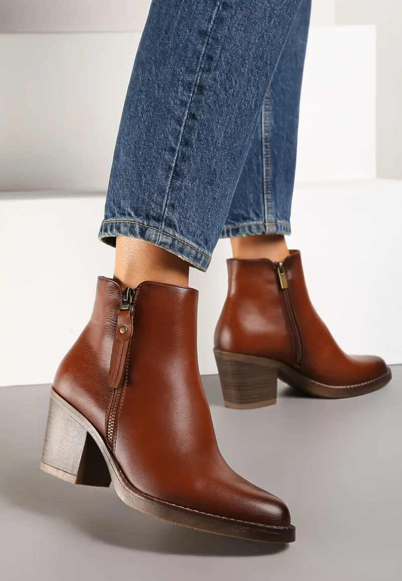 Brązowe Botki Kowbojki na Słupku z Ozdobnym Suwakiem Besila