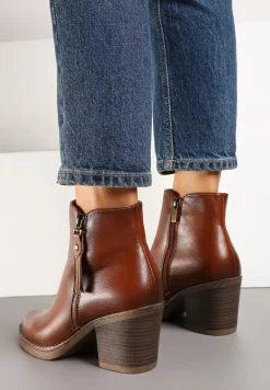 Brązowe Botki Kowbojki na Słupku z Ozdobnym Suwakiem Besila