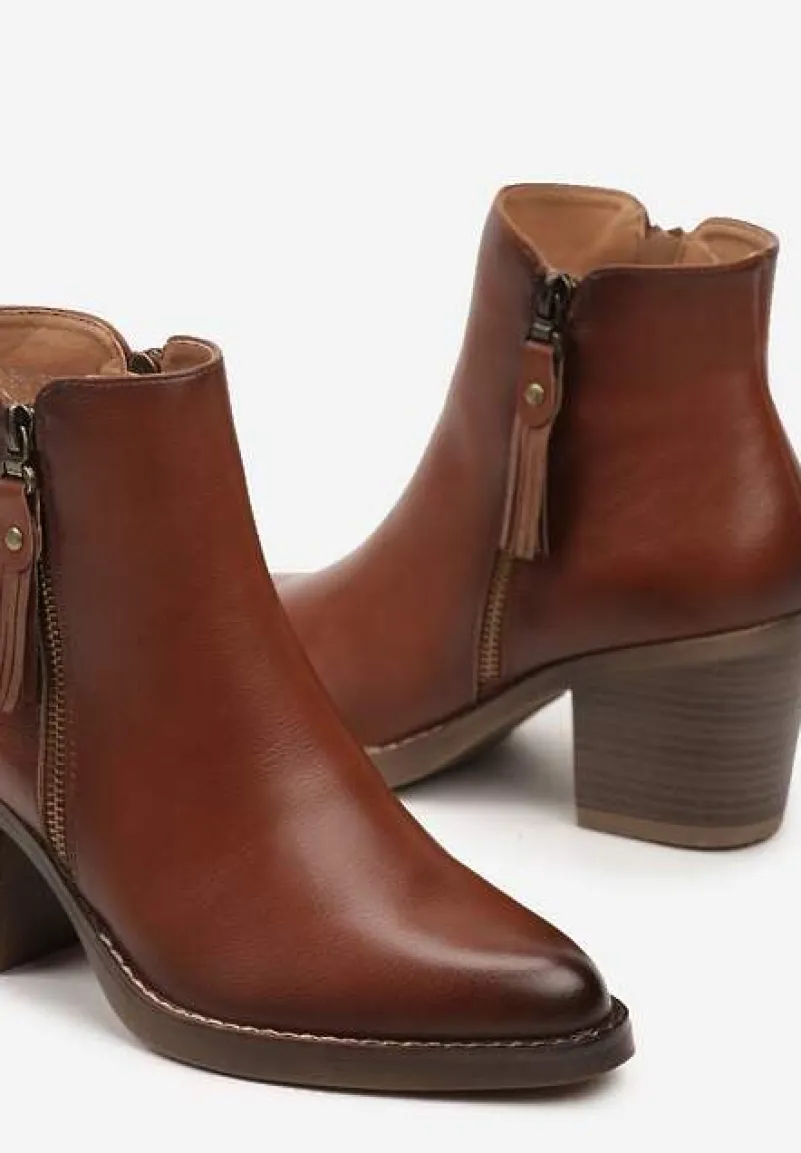 Brązowe Botki Kowbojki na Słupku z Ozdobnym Suwakiem Besila