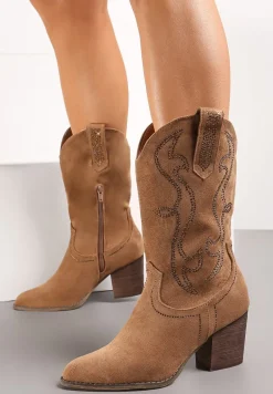 Brązowe Botki Kowbojki Ozdobione Wzorem w Cyrkonie Ellessa