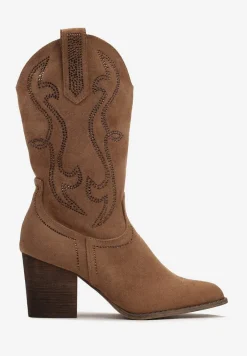 Brązowe Botki Kowbojki Ozdobione Wzorem w Cyrkonie Ellessa